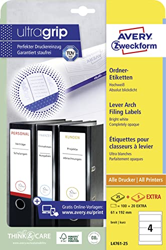 AVERY Zweckform (L4761-25) Binder Spine Labels (61x192mm) with Ultragrip: Self-adhesive, 30 Sheets