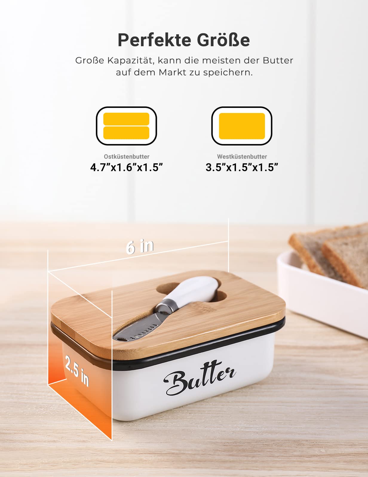 Butter dish with wooden lid for 250g butter with multifunctional butter knife