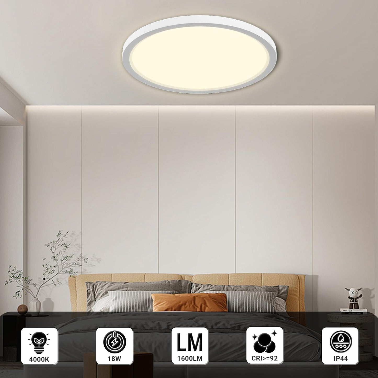 LQWELL® Rund-Flach LED Deckenlampe, IP44 Wasserfest (18W, 4000K)
