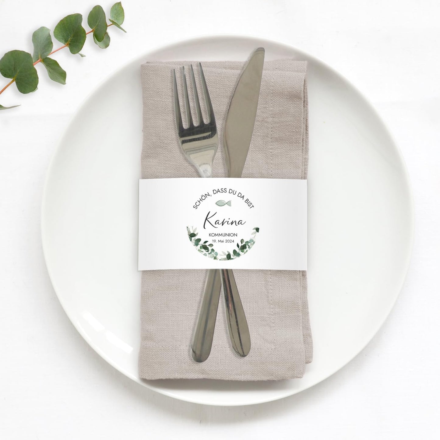 12x napkin banderole personalized (21x6.5cm) with eucalyptus greenery design