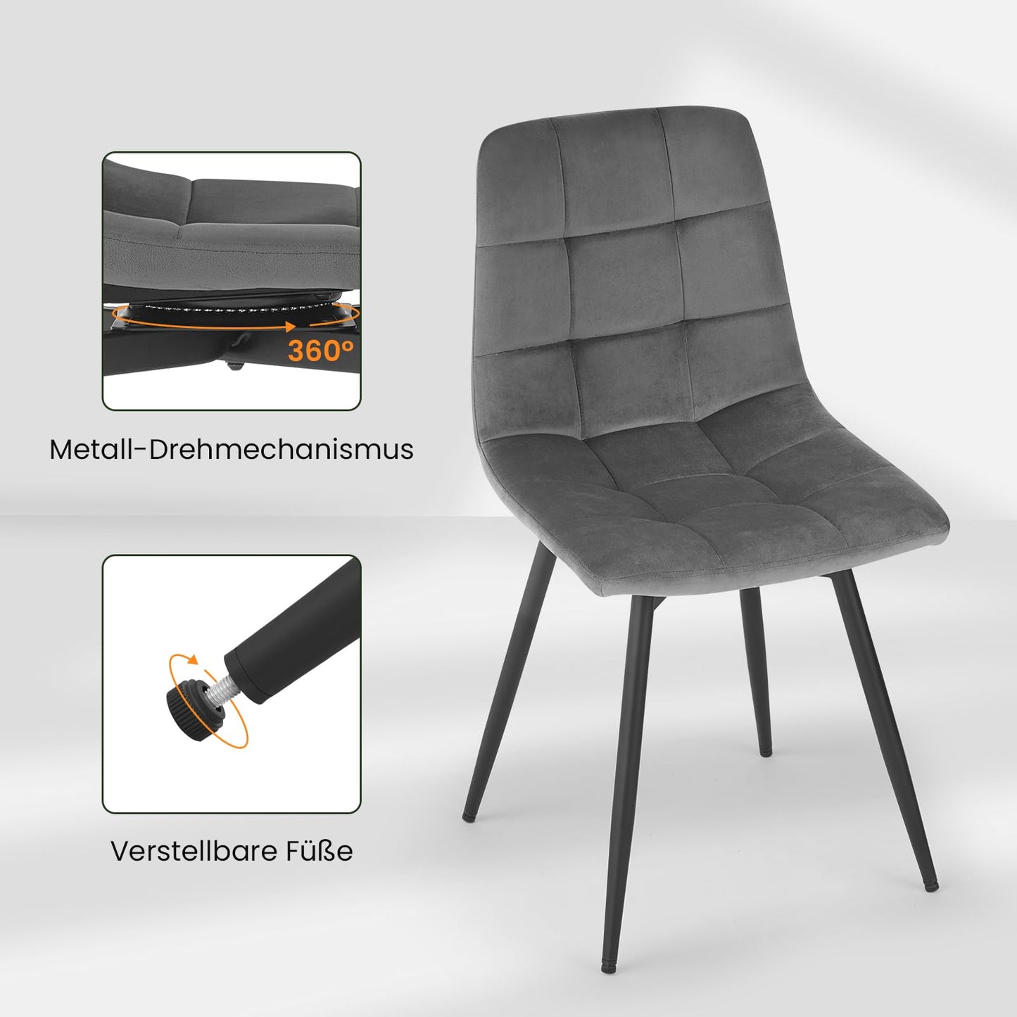 EUGAD 4er-Set Esszimmerstühle: Drehbarer Küchen-, Polsterstuhl mit Metallbeine (Dunkelgrau)