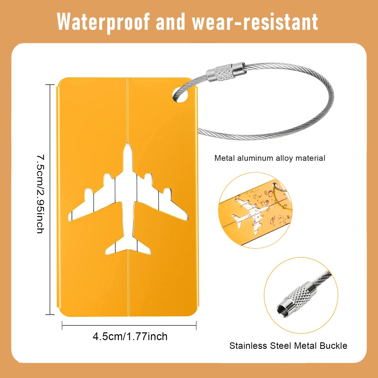 Luggage tags with stainless steel cord and name tag (6-pack) for backpacks, luggage and bags