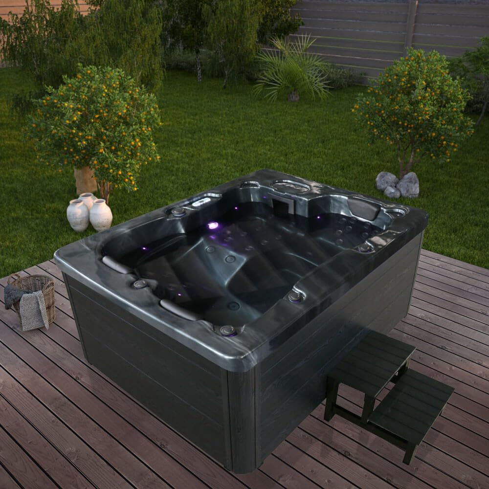 Home Deluxe Outdoor Whirlpool 'Black Marble Plus' with stairs and thermal cover: Heating, LED