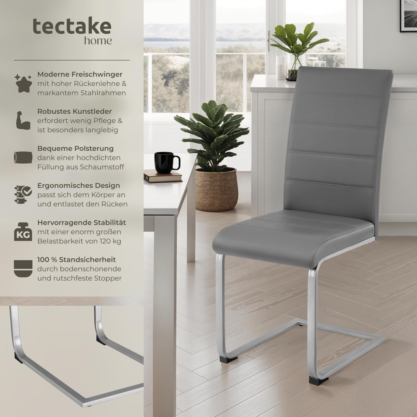 tectake® 2er Set Esszimmerstühle | Modern, bequem und vielseitig einsetzbar (Grau)
