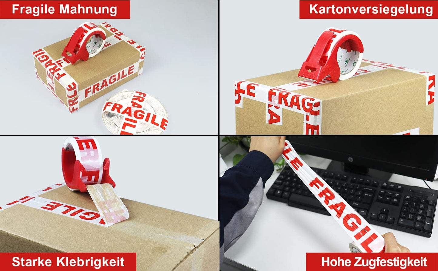 BOMEI PACK Parcel Tape for Packing Packages (3 Rolls - Red Fragile)