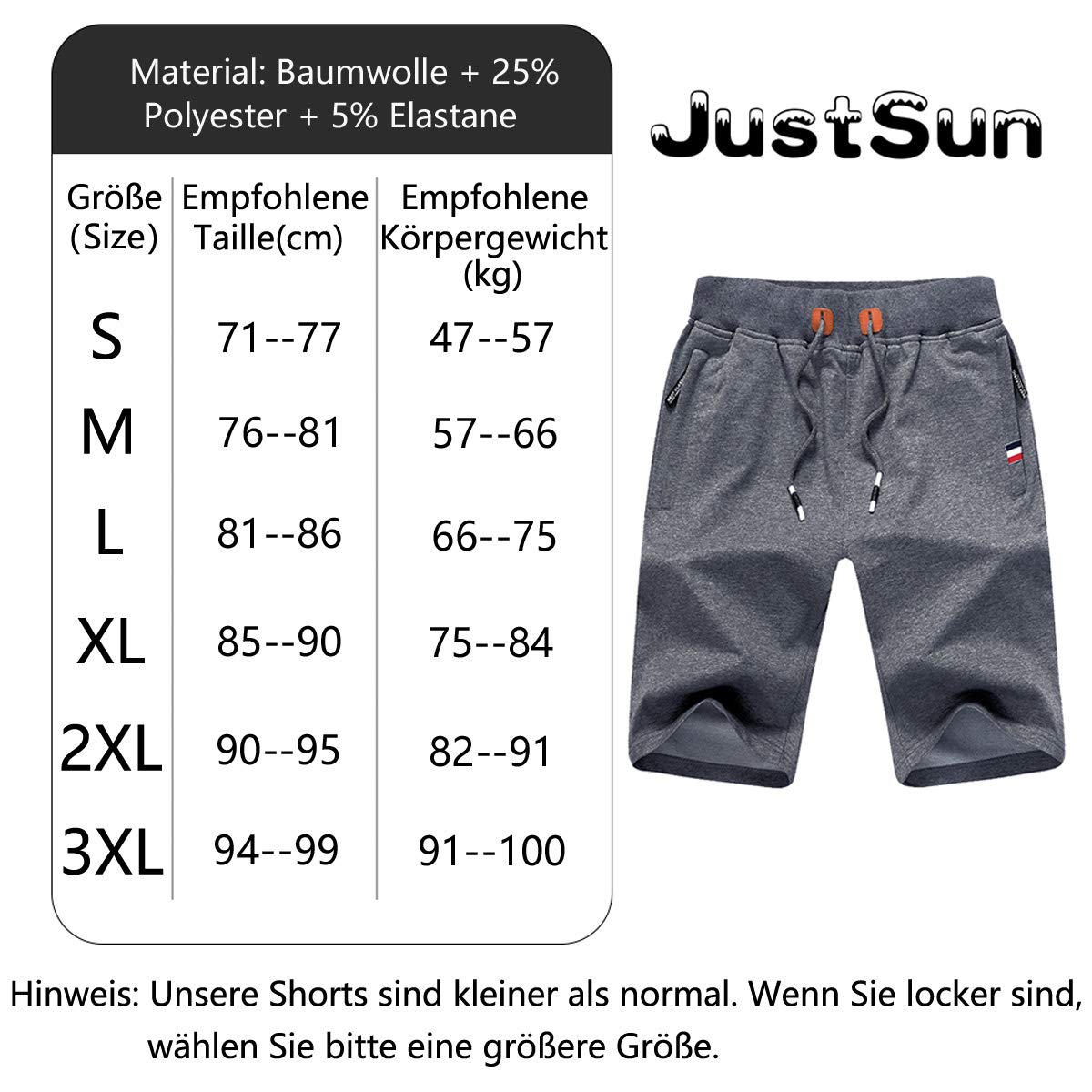 JustSun Herren Sport Kurze Hose für Sommer: Baumwolle, Elastische Taille