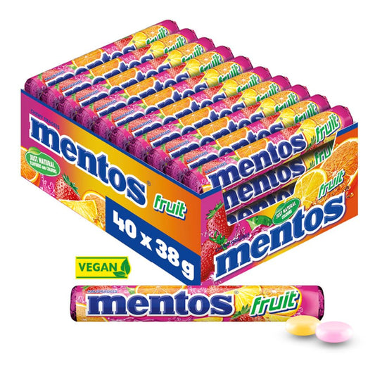 Mentos Fruit Dragees, fruit candies with orange, lemon, strawberry, chewy candies with fruity flavor, candy multipack (40 rolls), vegan