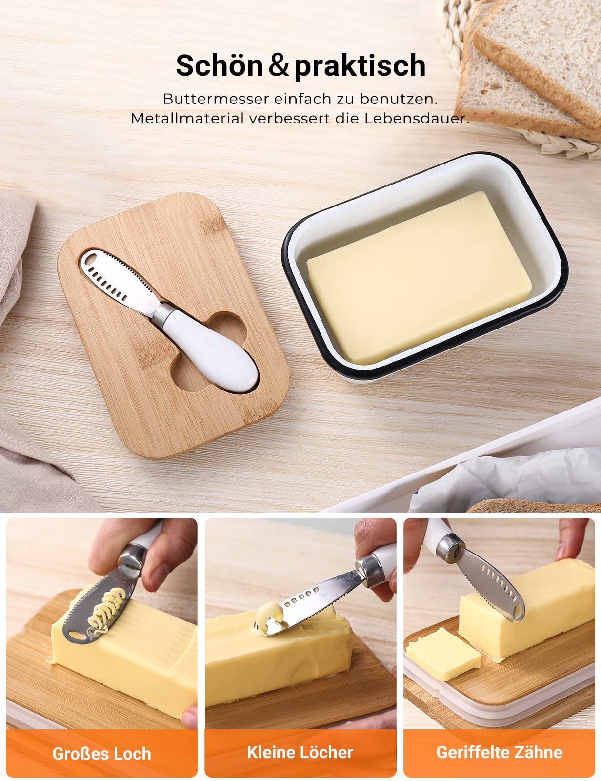 Butter dish with wooden lid for 250g butter with multifunctional butter knife