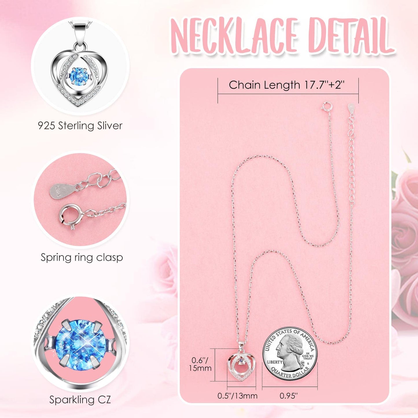 Eternal rose with heart necklace for women made of 925 silver: including gift box