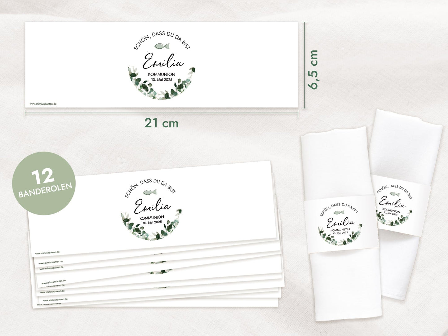12x napkin banderole personalized (21x6.5cm) with eucalyptus greenery design