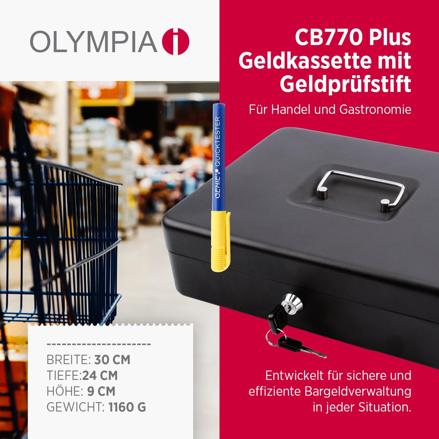 Olympia (6031 CB 770 Plus) Geldkassette: Abschließbar mit Schlüssel & Münzzählbrett inkl. Falschgeldprüfer