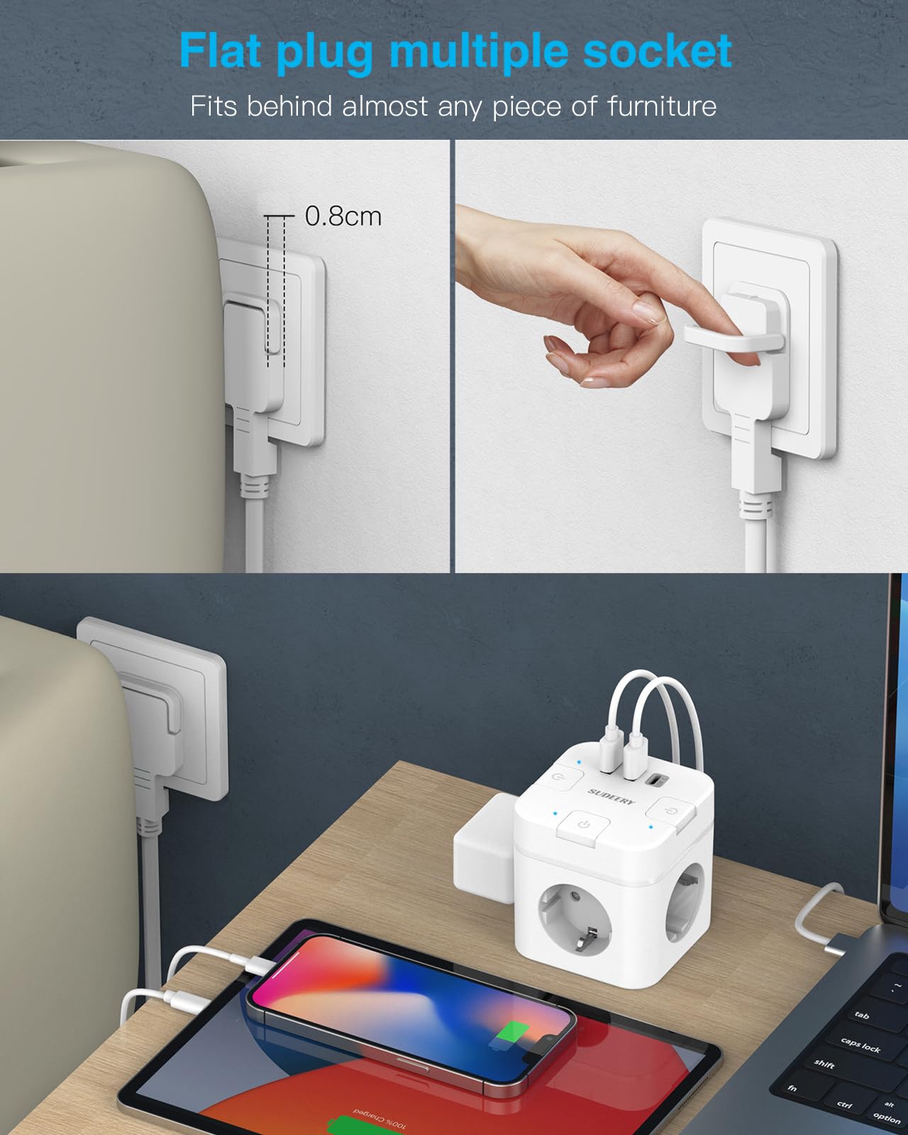 6-in-1 power cube (2m cable) with USB-C: Individually switchable for office, home, travel