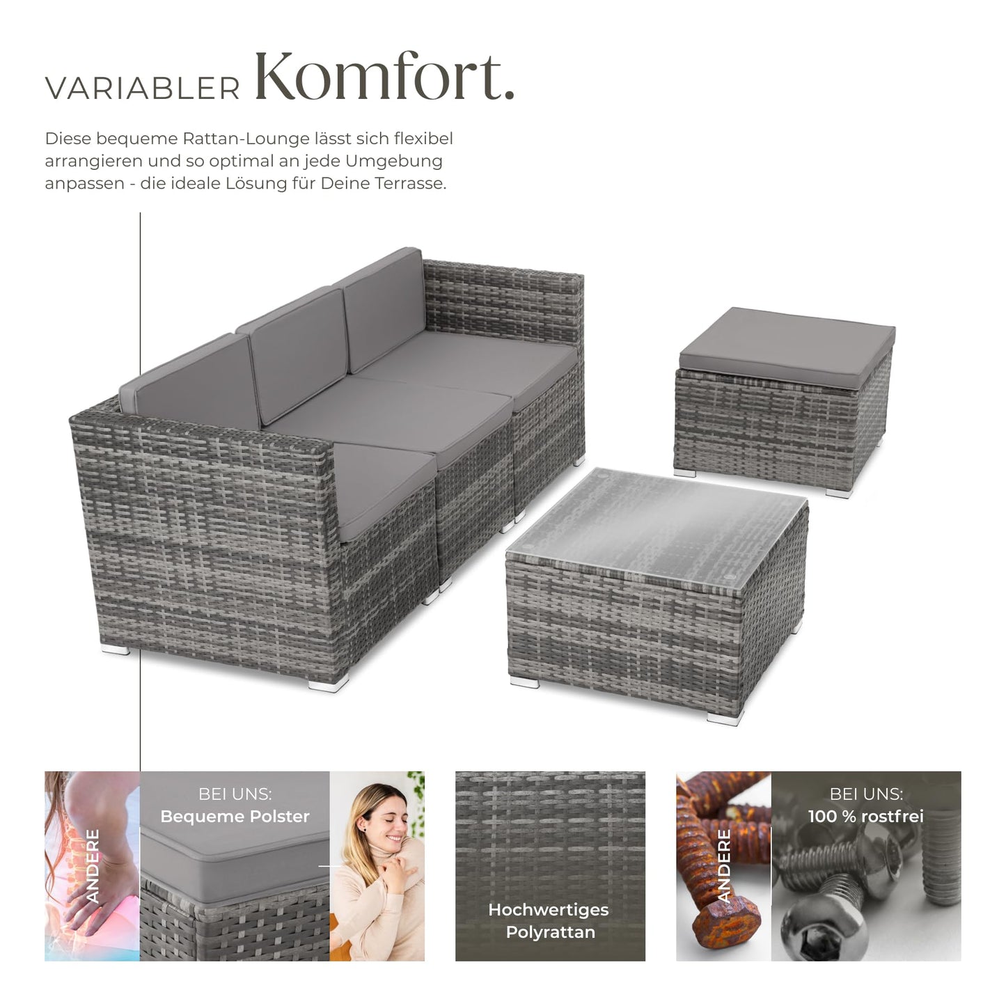 tectake® Poly Rattan Lounge-Sitzgruppe mit Sofa, Sessel, Hocker und Tisch: Wetterfest