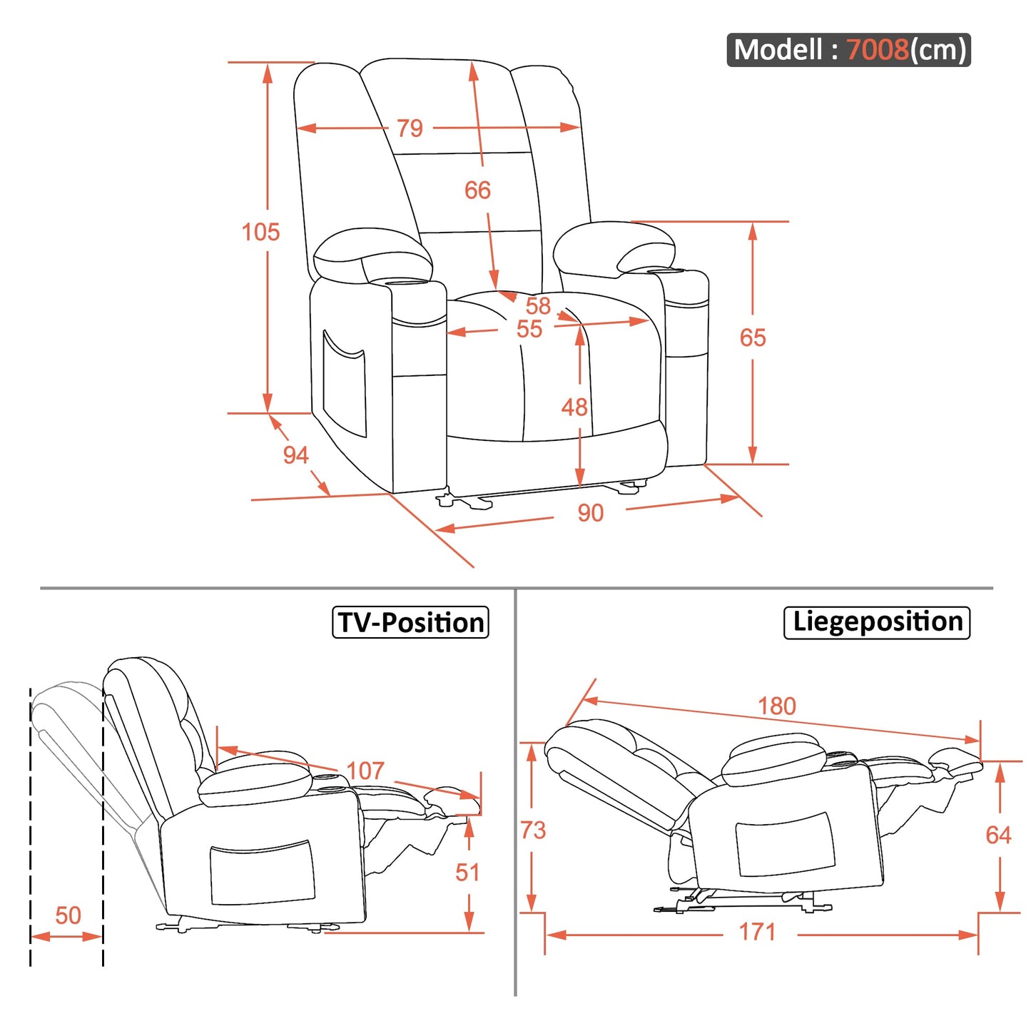 M MCombo Fernseh- Relaxsessel (7008) mit Liege-, Massage und Wärmefunktion: Elektrisch verstellbar, USB & Getränkehalter in Grau