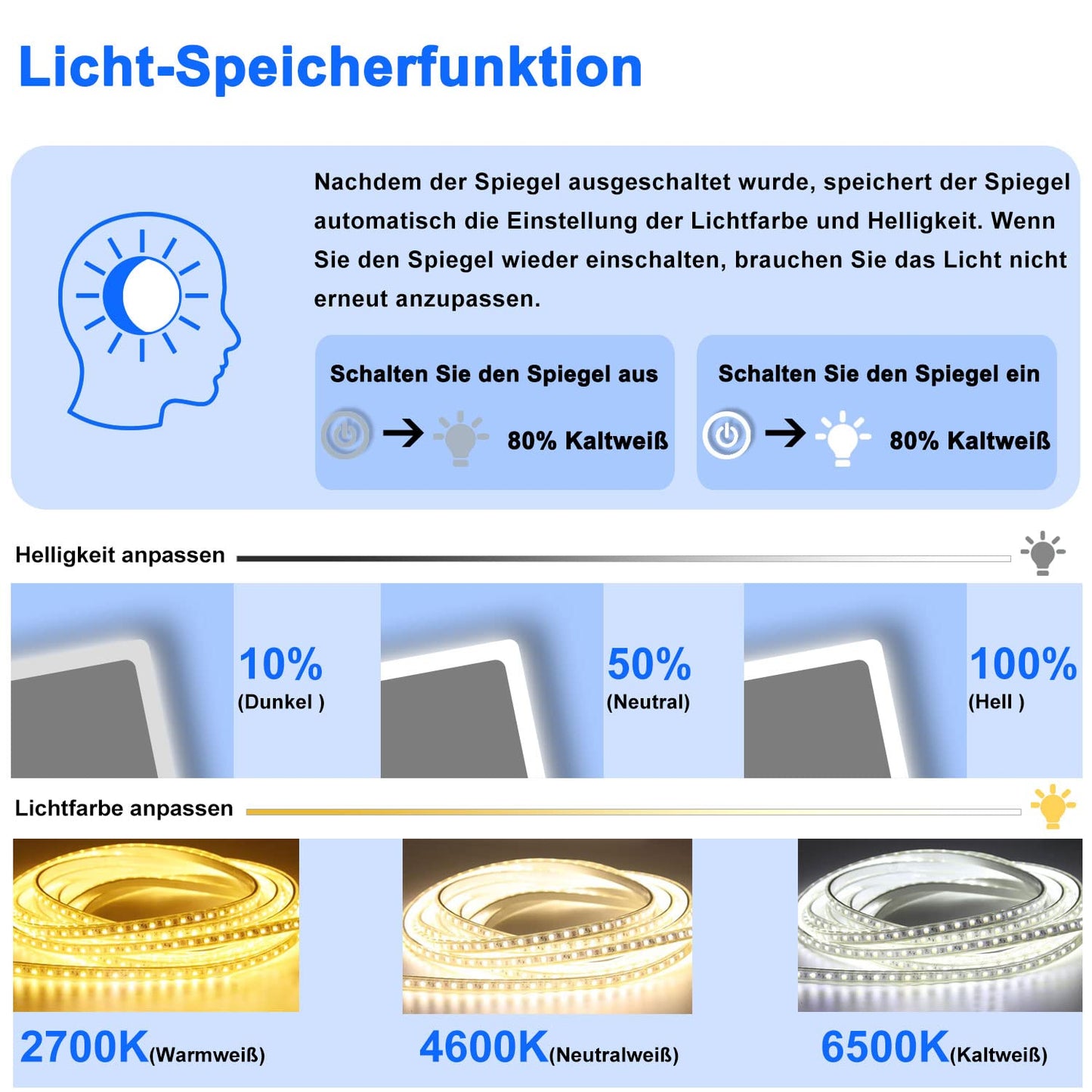 LED bathroom mirror (160×80cm) with Bluetooth & memory touch switch: Dimmable, anti-fog