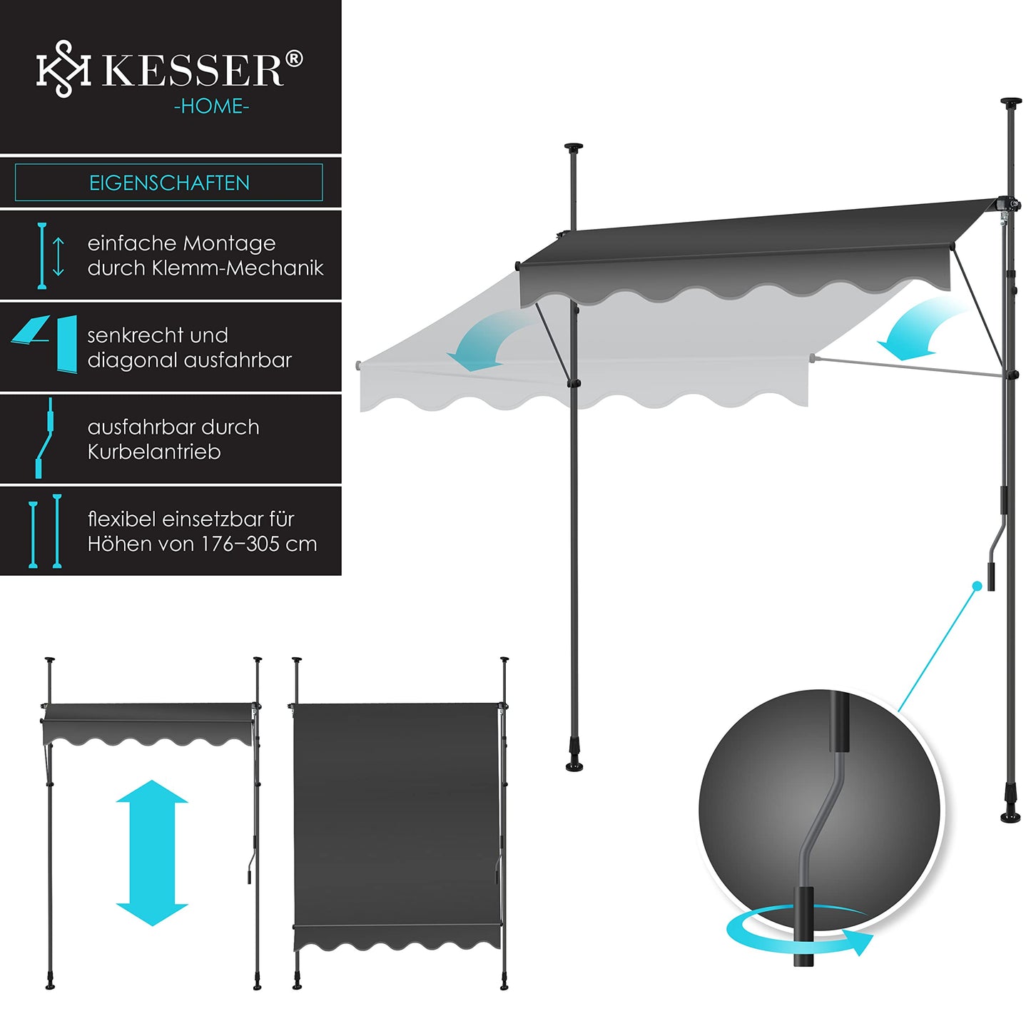 KESSER® Sun Protection Clamp Awning for Balconies & More | Height Adjustable without Drilling (Anthracite)