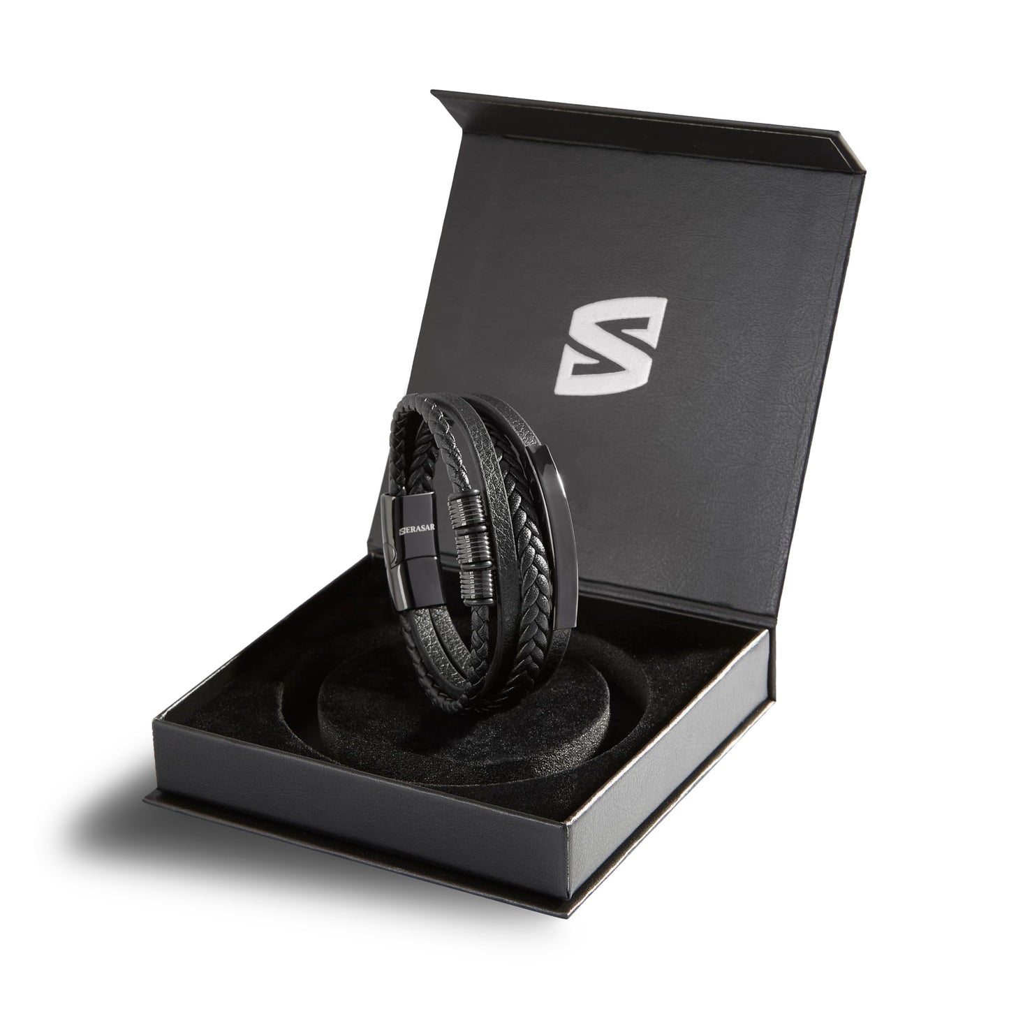 Flecht-Wickelarmband für Herren aus Leder (23cm) in Schwarz: Armschmuck Geschenk