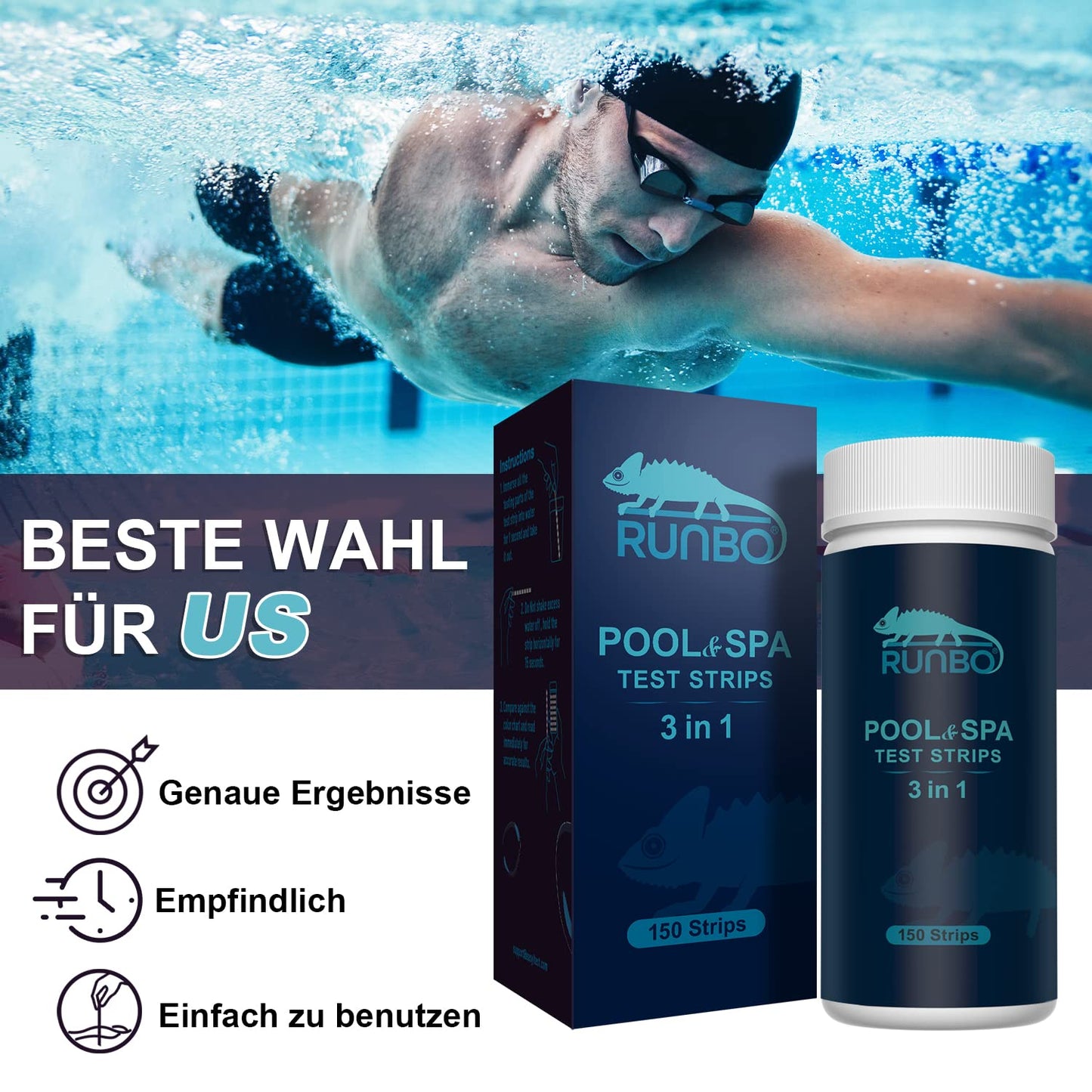 RUNBO 3-in-1 Pool Test Strips for Spa (150 Test Strips): Water Testing Kit