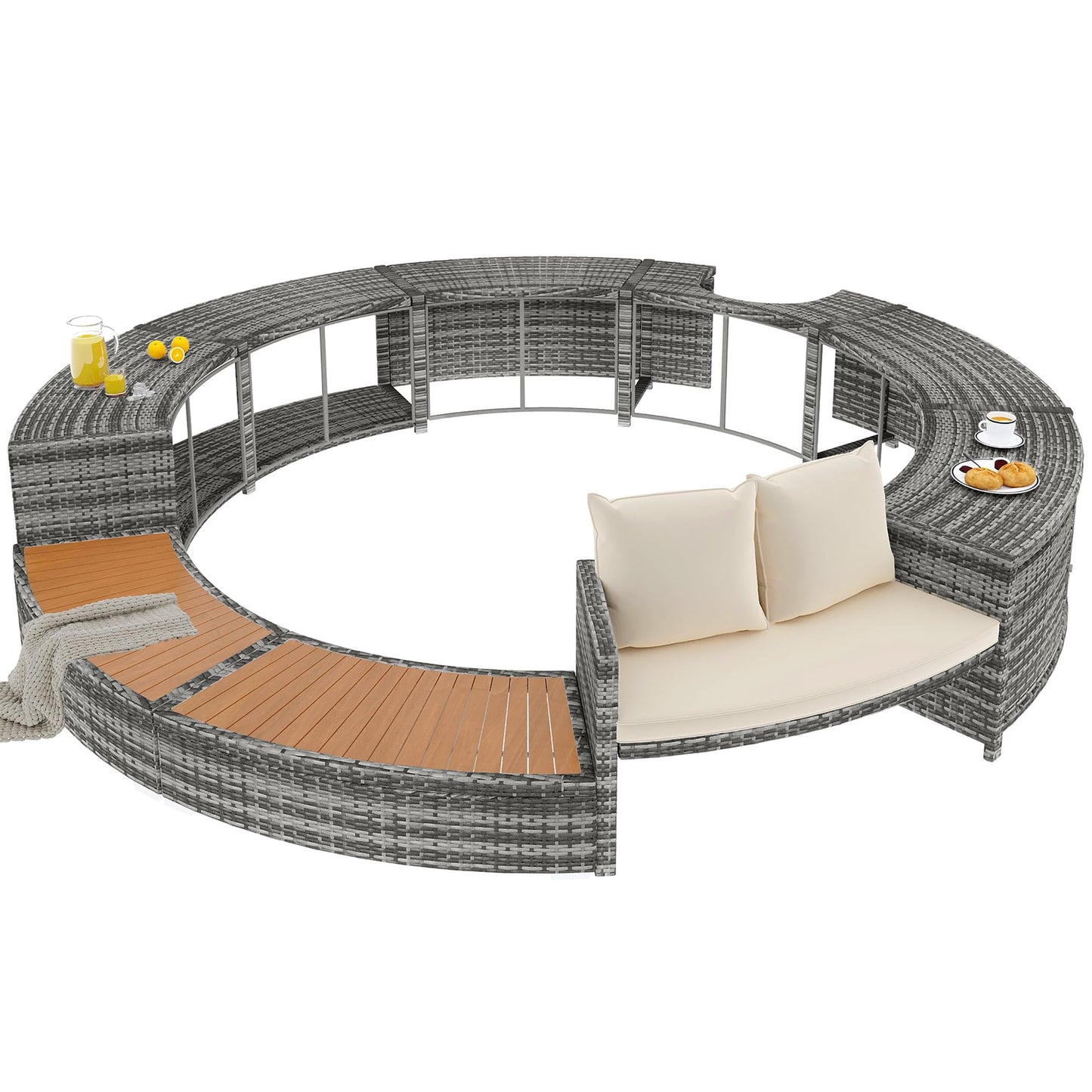Garden lounge set with round couch for whirlpool & pool with adjustable feet including cushions