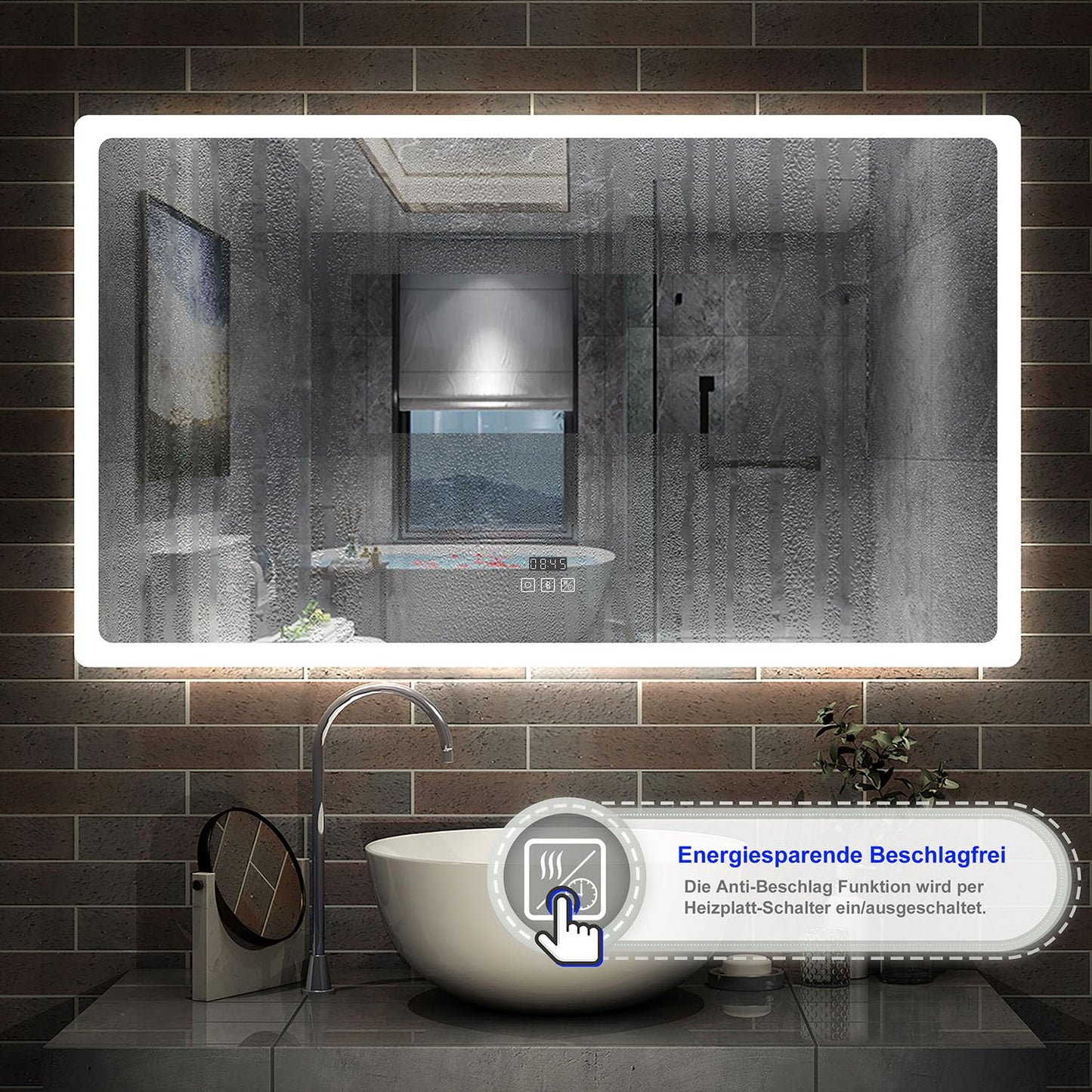 LED bathroom mirror (160×80cm) with Bluetooth & memory touch switch: Dimmable, anti-fog