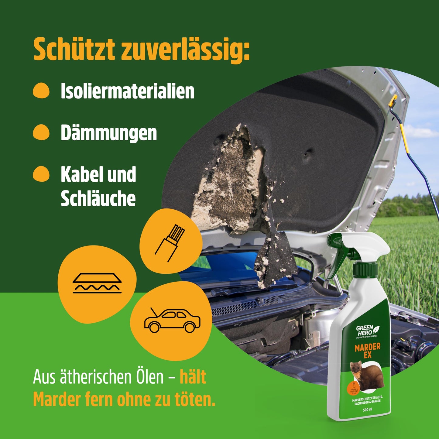 GREEN HERO Marten-EX (500ml): Marten repellent, marten deterrent car spray