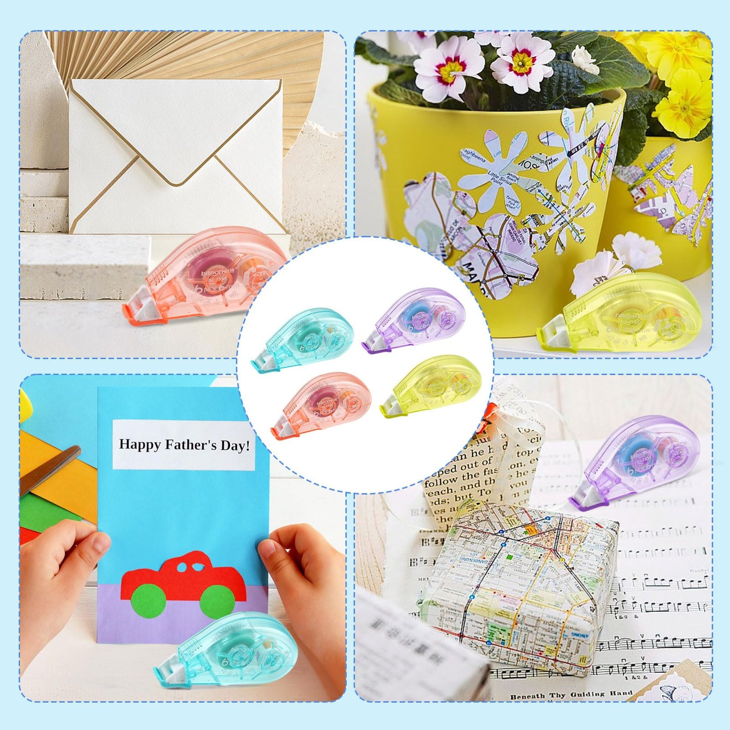 Double-sided adhesive roller set for crafts, school and office (8 pieces - 4 colors)