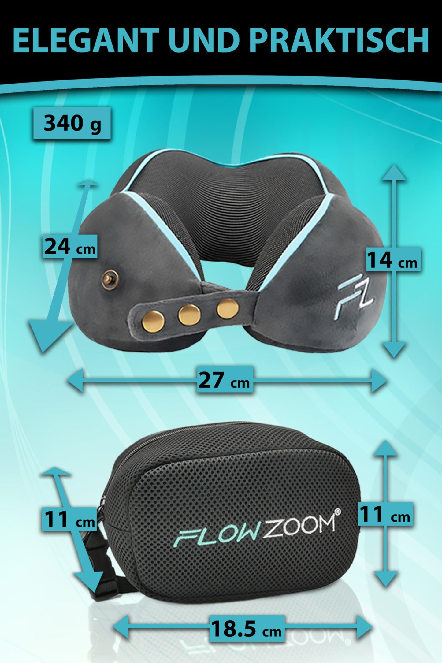 FLOWZOOM Neck Pillow for Airplane & Car | Adjustable Memory Foam with Flexible Snap Fasteners