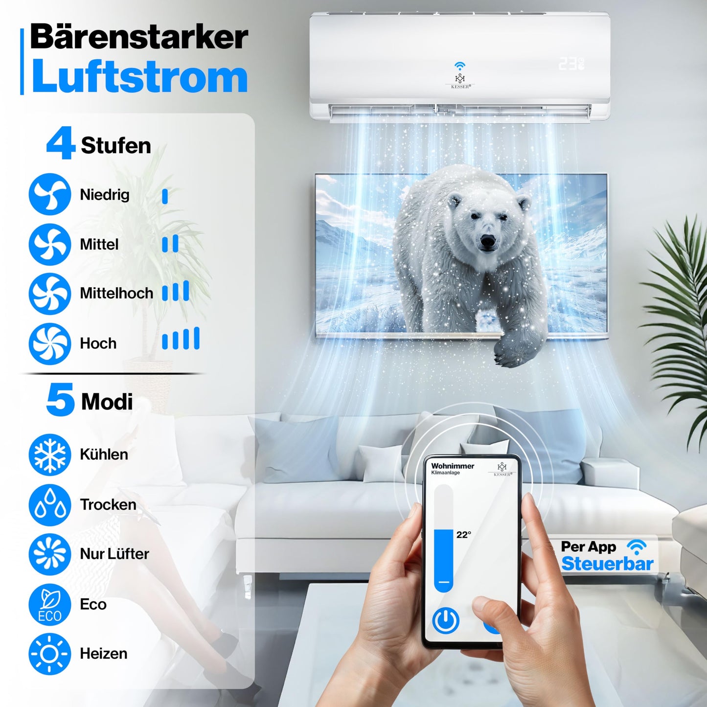 KESSER® 'Quick Connect' Split Klimaanlage-Set mit Heizfunktion: 12000BTU, 3,4kW, WiFi & App