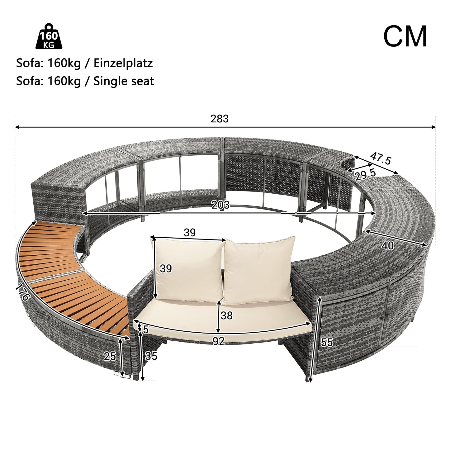 Garden lounge set with round couch for whirlpool & pool with adjustable feet including cushions