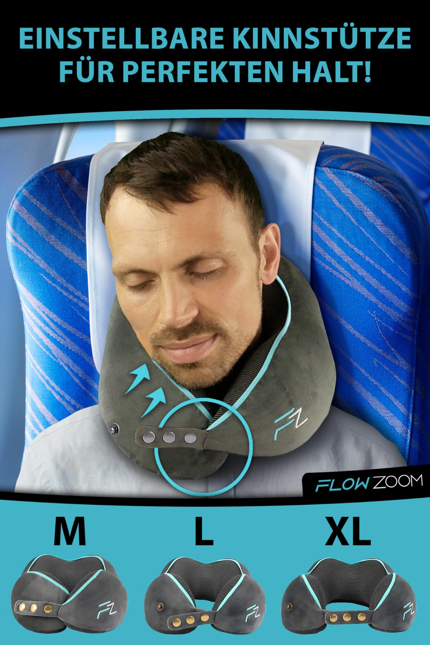 FLOWZOOM Neck Pillow for Airplane & Car | Adjustable Memory Foam with Flexible Snap Fasteners