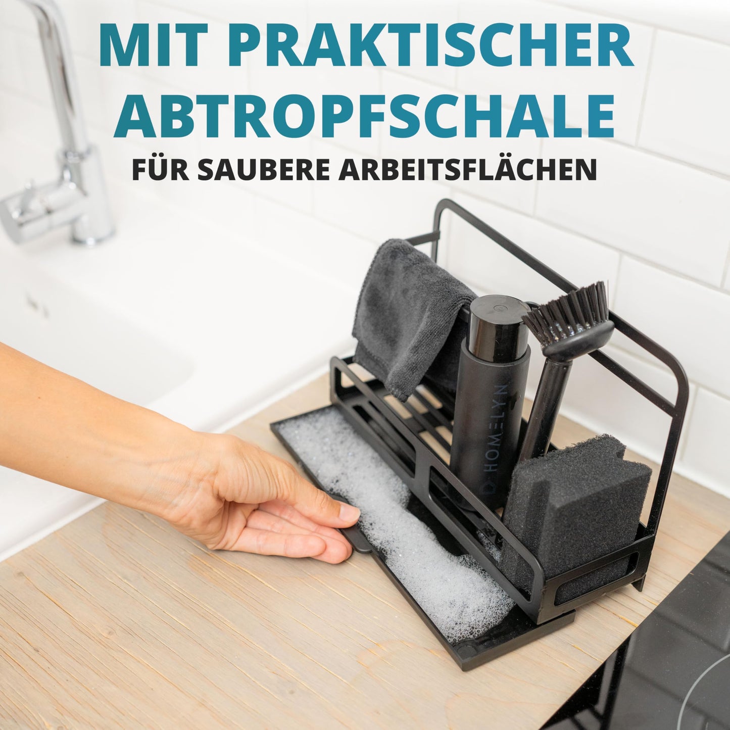 HOMELYN Spülbecken Organizer Set aus Edelstahl inkl. Spülbürste mit Abtropfschale: Modernes Design