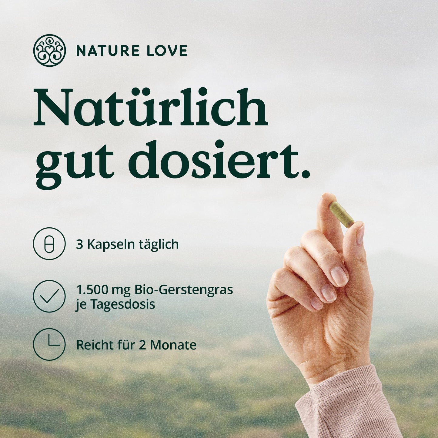 NATURE LOVE® Bio Gerstengras aus deutschem Anbau (1500mg je Tagesdosis): 180 Kapseln - Hochdosiert