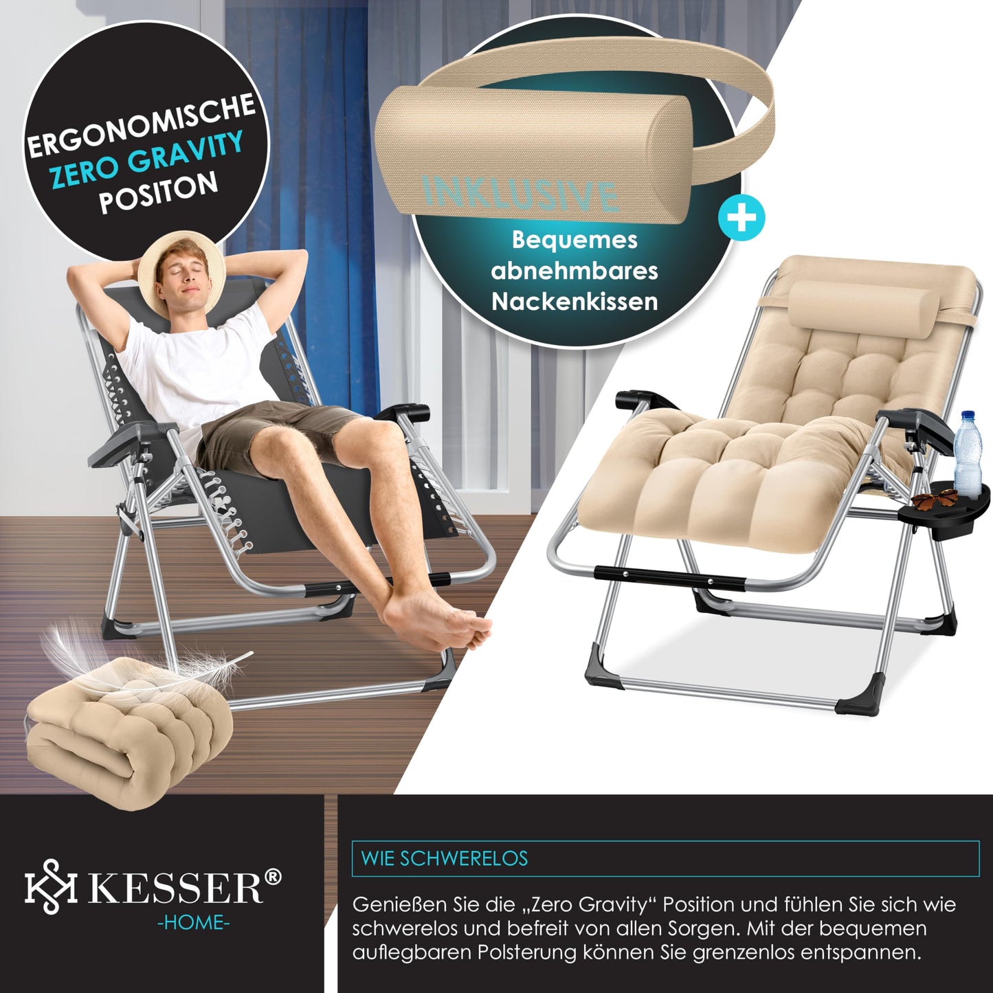 KESSER® sun lounger: Foldable & weatherproof including neck pillow & cup holder