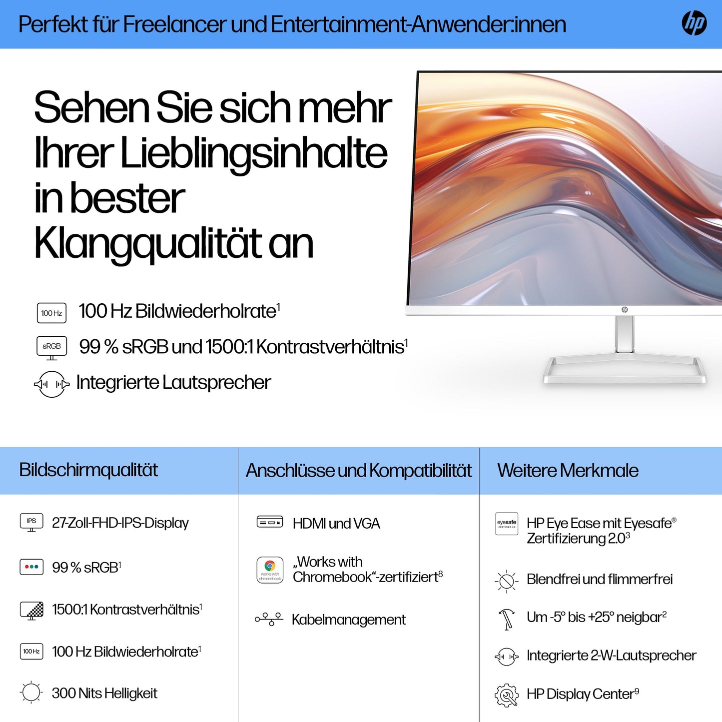 HP Series 5 (527sa) FHD IPS Monitor mit Lautsprechern | 27 Zoll, 100Hz, Entspiegelt, Neigbar