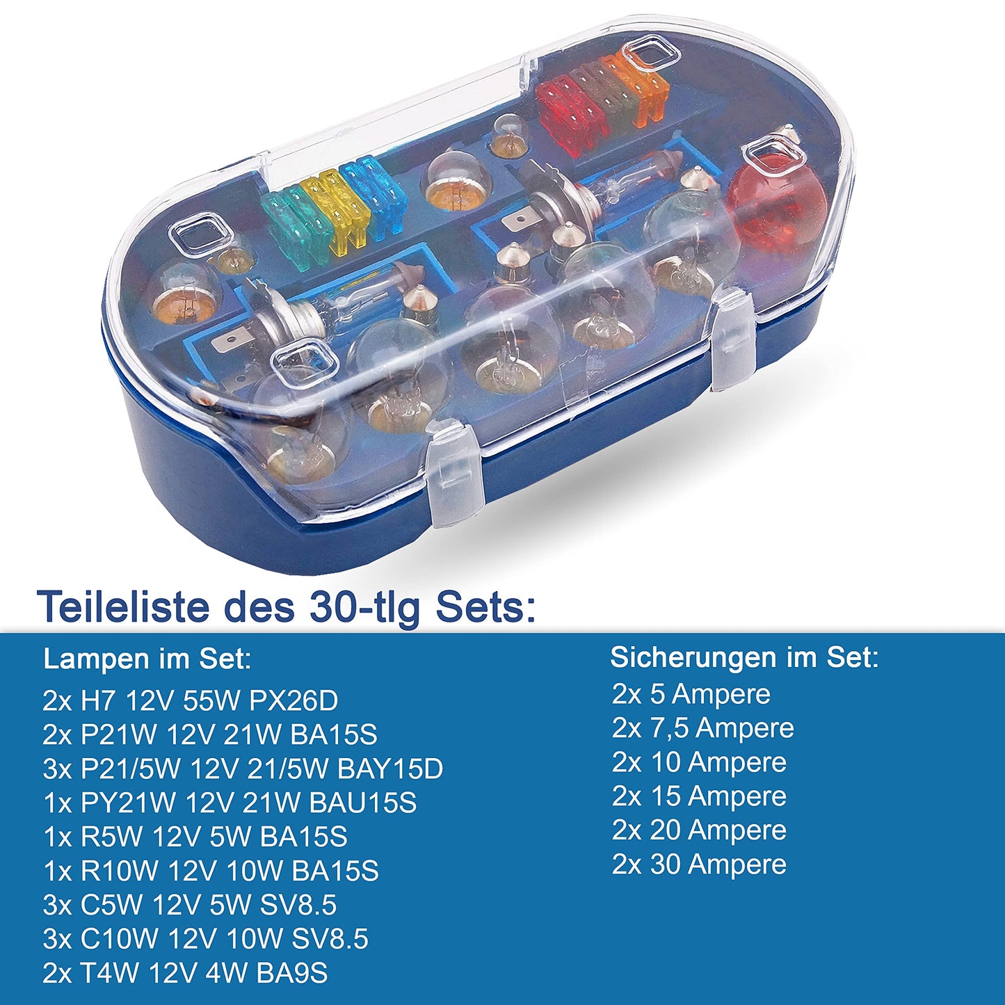 bemiX Auto Ersatzlampen-Set H7 30-tlg mit Autosicherungen im Ordnungsbox