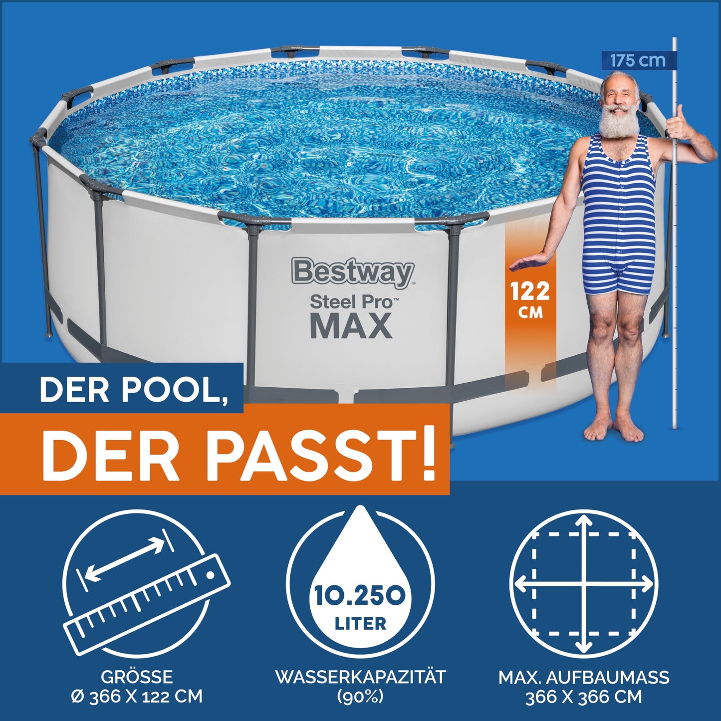 Bestway Steel Pro-MAX Frame Pool Komplett-Set mit Filterpumpe (Ø 366x122cm)