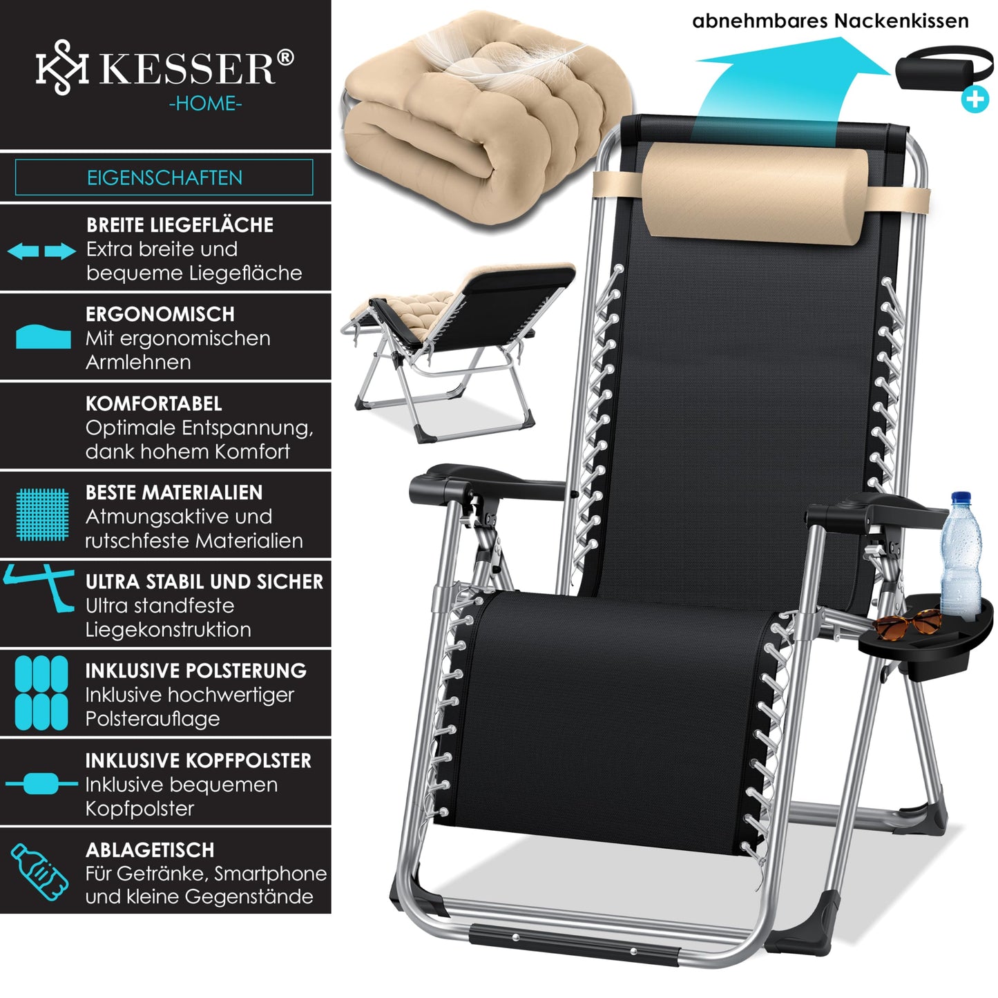 KESSER® sun lounger: Foldable & weatherproof including neck pillow & cup holder