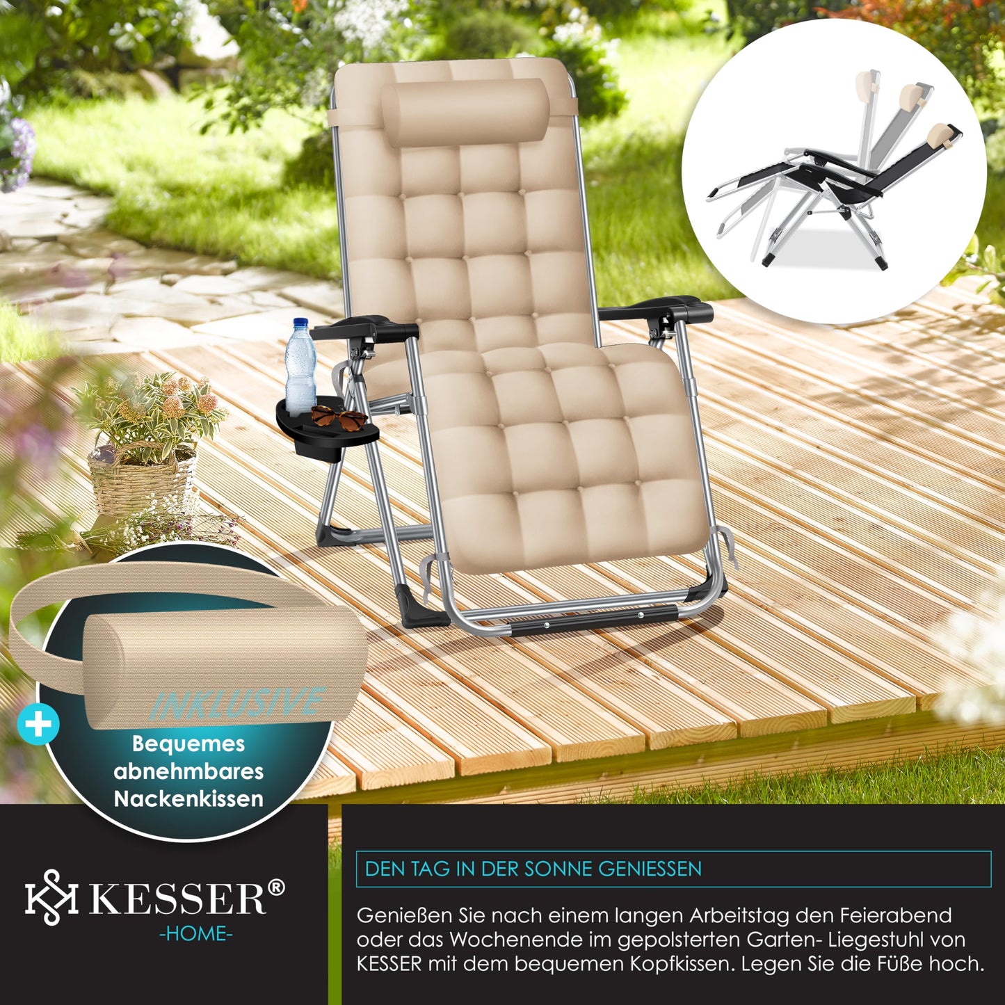 KESSER® sun lounger: Foldable & weatherproof including neck pillow & cup holder