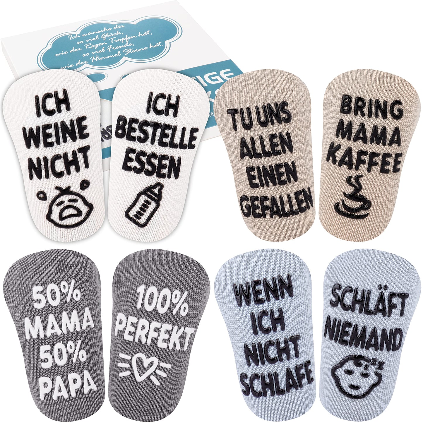 Belloxis Baby Socks (4 Pairs): Fun Text Prints & Non-Slip | For Babies 0-12 Months