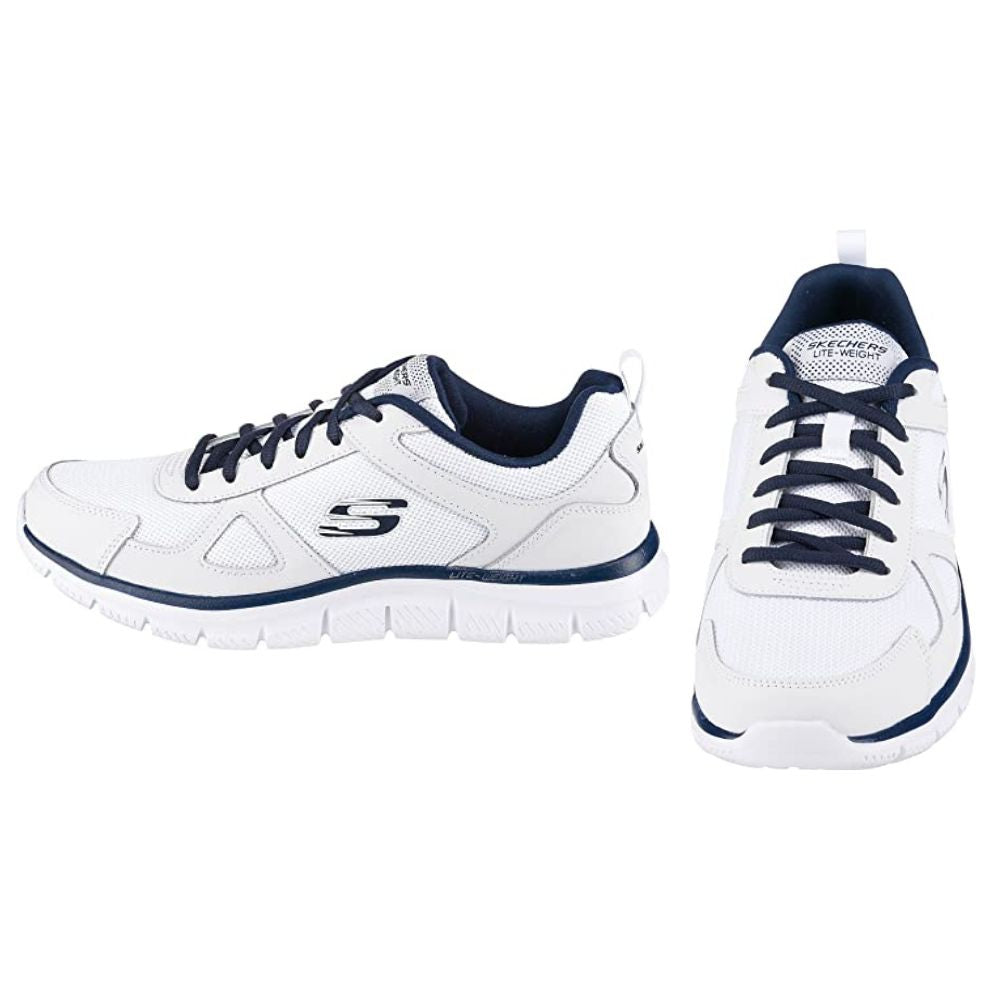 Skechers Track Scloric Herren-Sneaker: White Leather Mesh Pu Navy Trim
