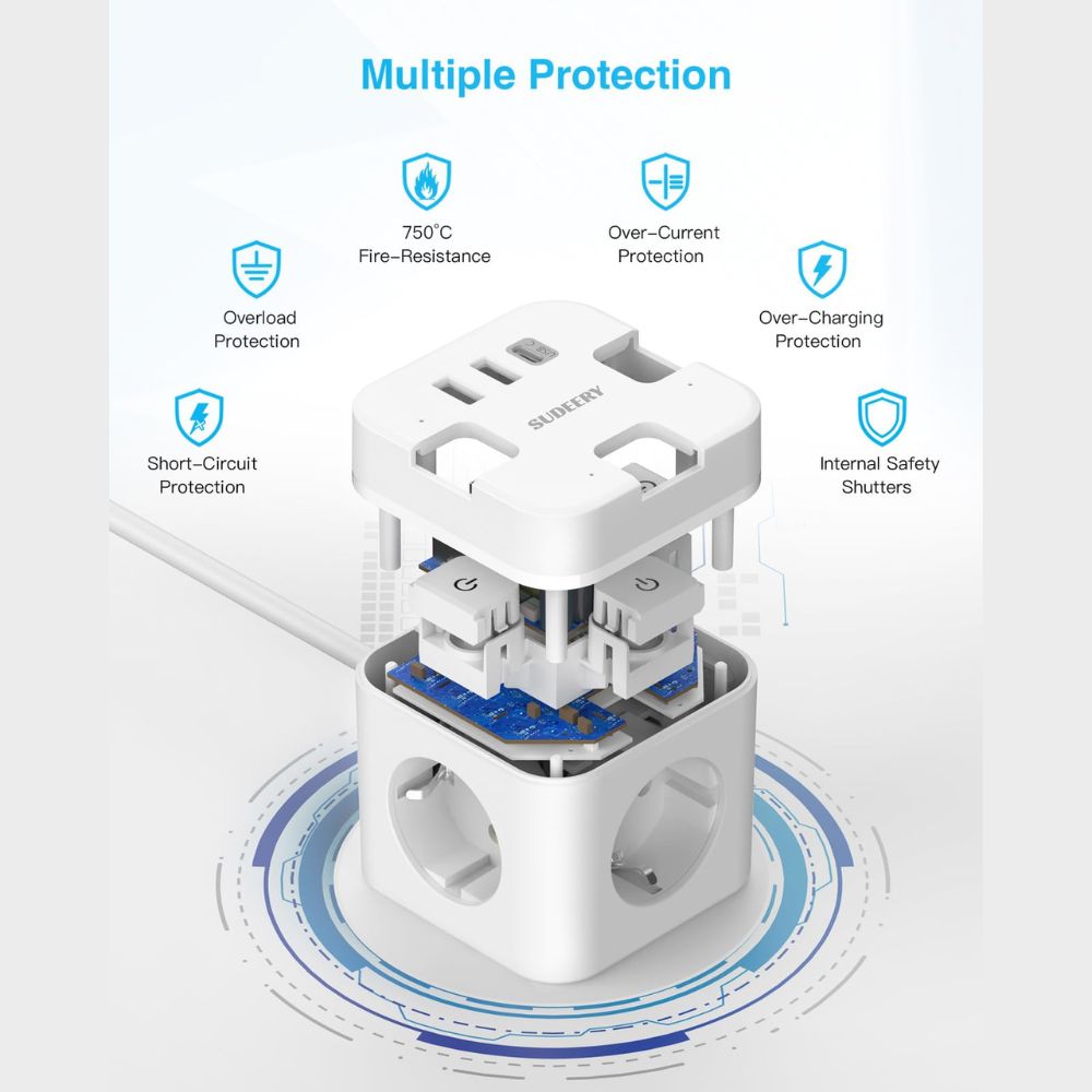 6-in-1 power cube (2m cable) with USB-C: Individually switchable for office, home, travel