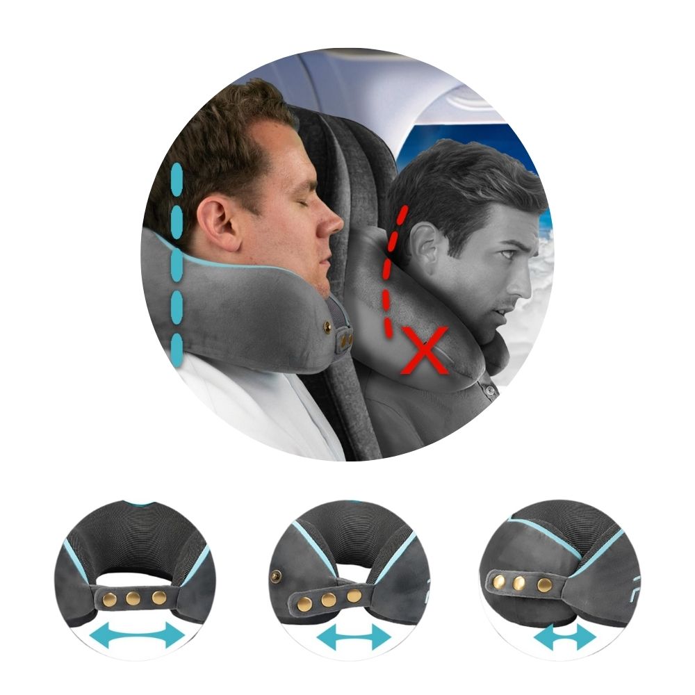 FLOWZOOM Neck Pillow for Airplane & Car | Adjustable Memory Foam with Flexible Snap Fasteners