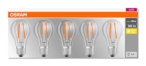 Osram LED Base Classic A lamp, socket: E27 | (Warm white 2700 K: 7W): Clear - Pack of 5