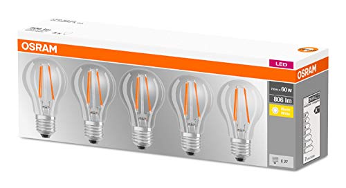 Osram LED Base Classic A lamp, socket: E27 | (Warm white 2700 K: 7W): Clear - Pack of 5