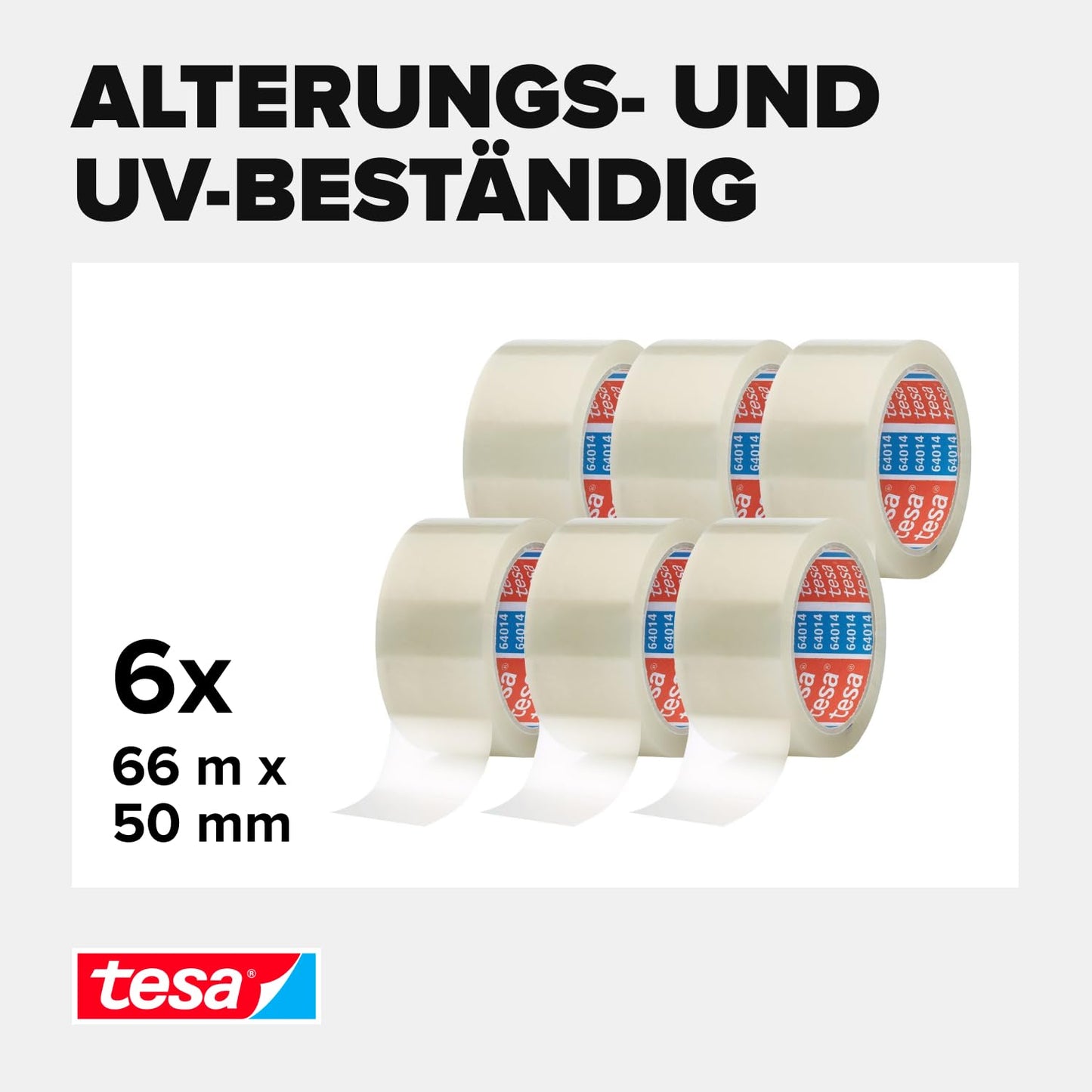 tesa 64014 Verpackungsband (Transparent): 6 Rollen à 66m x 50mm, leise & UV-beständig