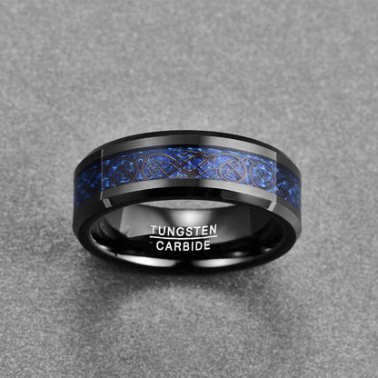 Schwarzer Wolfram-Ring mit keltischen Drachen für Männer: Blau Kohlefaser Poliert (8mm)