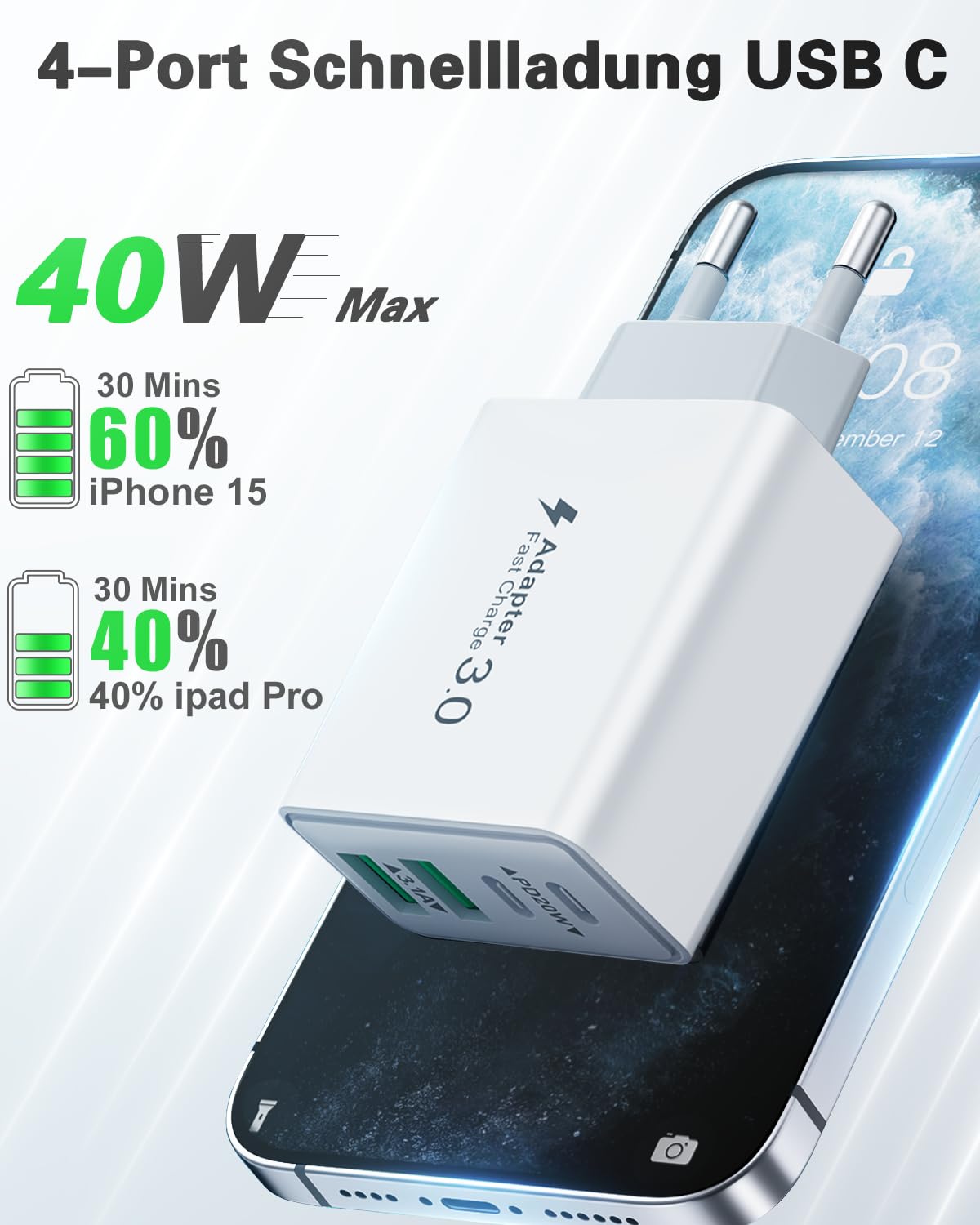 USB-C Ladegerät (40W) 4-Ports Schnellladegerät für iPhone, iPad, Samsung und mehr