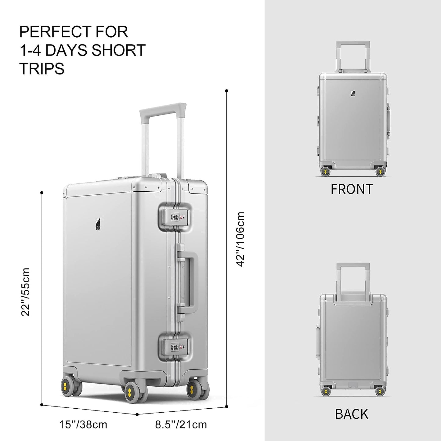 LEVEL8 Hard-Shell Aluminum Suitcase with Double TSA Lock (55cm - 35 Liters): Silver