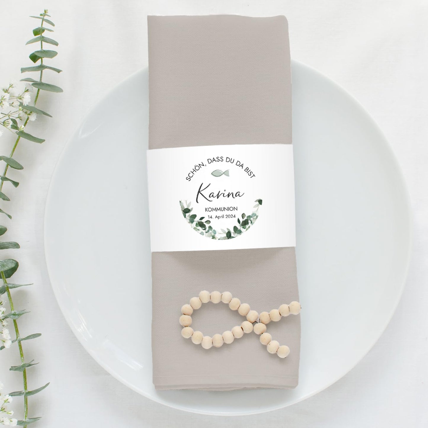 12x napkin banderole personalized (21x6.5cm) with eucalyptus greenery design