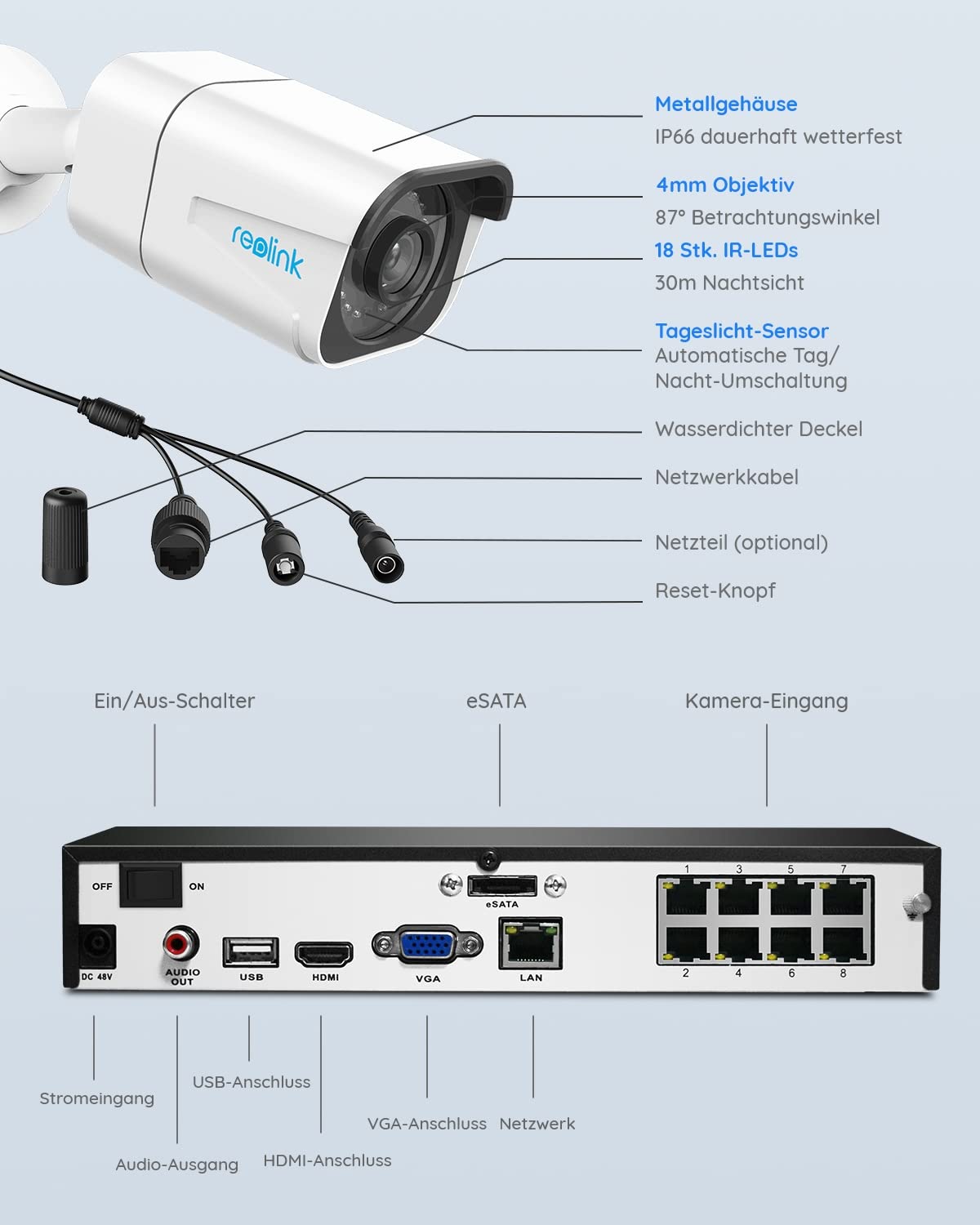 Reolink 4K-Überwachungskamera-Set (RLK8-800B4): Innen und Outdoor, Personenerkennung, Fahrzeugerkennung